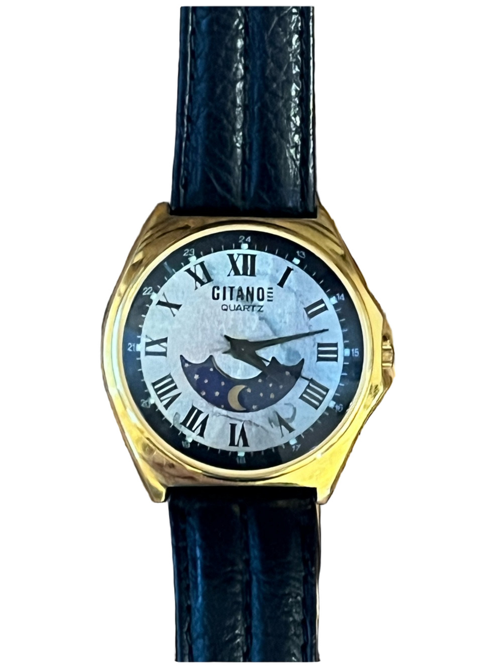 Vintage Gitano Sun Moon Phase Quartz Watch Gold Tone